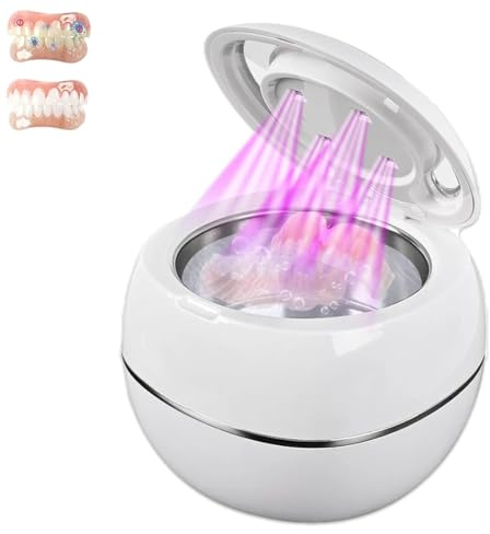 Protesi pulitore ad ultrasuoni, 43 kHz pulizia dentale Pod, fermo Cleaner con UV e timer digitale per la notte guardie, bretelle, allineatore, spazzolino da denti, gioielli e altro ancora,White