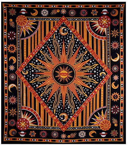 THE ART BOX Golden Orange Mandala Tapestry – Celestial Cotton Wall Hanging for Bedroom or Living Room, 140x210 cm
