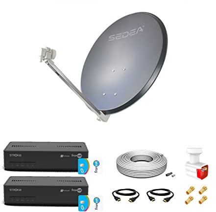 Kit de antena parabólica de acero, 85 cm, 38,2 DB Antracita, LNB Twin Full HD 4K Ultra HD + 2 decodificadores DSR 3031F FRANSAT + Cable coaxial 50 m + 2 cables HDMI + 4 conectores F