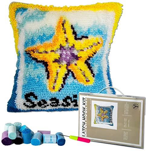 YP Latch Hook Kits Adults DIY Throw Pillow for Home Decoration Starfish Cover Cushion Cover Hand Craft Crochet for Festival Gift,17 X 17