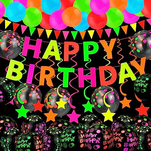 HOWAF Decoration Anniversaire Neon, Ballons Anniversaire ballon Fluorescent Lumineux Décoration Fête Néon Lueur Bannière, Suspendus Tourbillons pour Happy Birthday Decoration