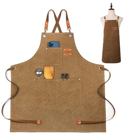 Fenglin-joy Arbeitsschürze für Männer und Frauen,Grillschürze Verlängert Canvas Schürze Kochschürze Einstellbare Gurt Chef Schürze mit Taschen für Home Kitchen Kaffee Garten Handwerk Werkstatt