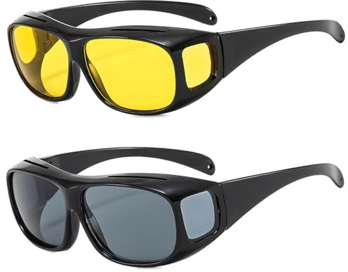 GWAWG Polarized Night Driving Glasses 2 Pack Night Day Vision Driving Wrap Around Anti Glare Sunglasses, Retro Wrap Around Glasses, Fashion Oversized Night Vision Glasses for Women Men