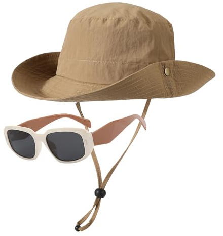 Jupsk Baby Sun Hat Toddler Summer Bucket Hat Wide Brim Beach Hat with Sunglass UPF50 Solid Color Cap for Kids Child Boys Girls 2-6 Years （Khaki）