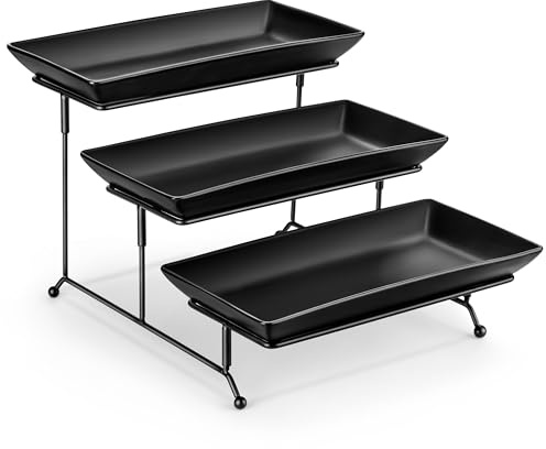 MALACASA 3 Tier Serving Tray, Porcelain Tiered Serving Trays Platters, 12 Inch Serving Stand with Platters,Black Dessert Stand with Collapsible Sturdier Metal Rack,Series PLAT