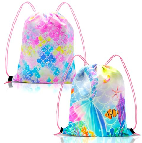 YONEEKSS 2PCS Mermaids Drawstring Bags for Kids, Pink Cartoon Backpack Drawstring Waterproof Sports Gym PE Bag for Traveling Swimming Party Picnic