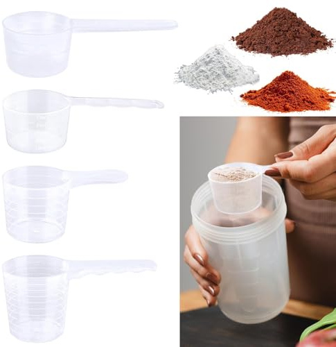Cucharas medidoras, 4 unidades de dosificación de detergente, cucharas dosificadoras de 100 ml, 70 ml, 50 ml, 40 ml, cucharas dosificadoras de plástico, transparentes, con escala para leche en polvo,