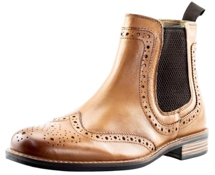 Men's Leather Brogue Chelsea Ankle Boots with Twin Gussets, Slip-On (Tan, UK Footwear Size System, Adult, Men, Numeric, Medium, 8)