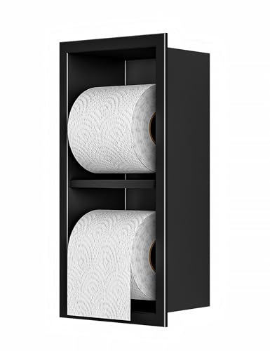 Ikitraee Toilet Paper Dispenser with Recessed Wall Niche for Storage,Stainless Steel Toilet Paper Holder with Shelf,15.9inX7.9inX4.9in (Matte Black, 12.2 * 4.8 * 3.9 in)