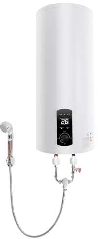 Calentador de agua caliente, 35 L/50L/60L/80L, con grifo y alcachofa de mano, 2000 W IPX4, calentador de agua de bajo consumo, máx. 75 °C, montado en la pared, conector G1/2 (blanco, 60 L)