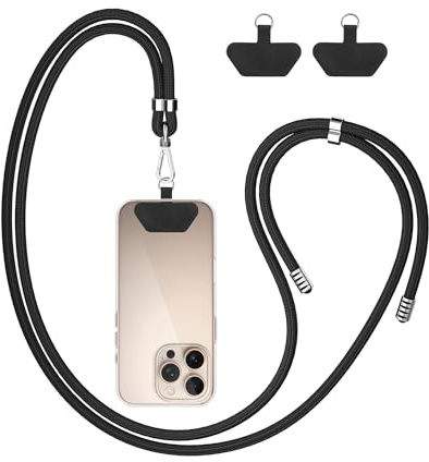 COCASES Bandoulière universelle pour téléphone portable - Bandoulière en nylon compatible avec tous les smartphones, sangle pour téléphone portable avec cordon (Noir foncé avec 2 patchs)