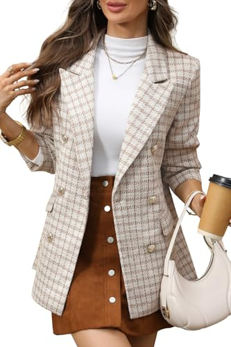 ELLEVEN Tweed Blazers for Women Oversized Plaid Double Breasted BottonsBlazer Dress for Women Boyfriend Business Casual Outfits Spring Work Suit Jackets Professional Clothes Beige Small
