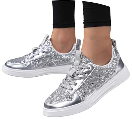EQWIGKEIT Zapatos con purpurina para mujer, planos, ligeros, transpirables, para fiestas, deportivos, clásicos, para caminar, ocio, lentejuelas, brillantes, zapatillas de correr, A21 Silver, 36 EU