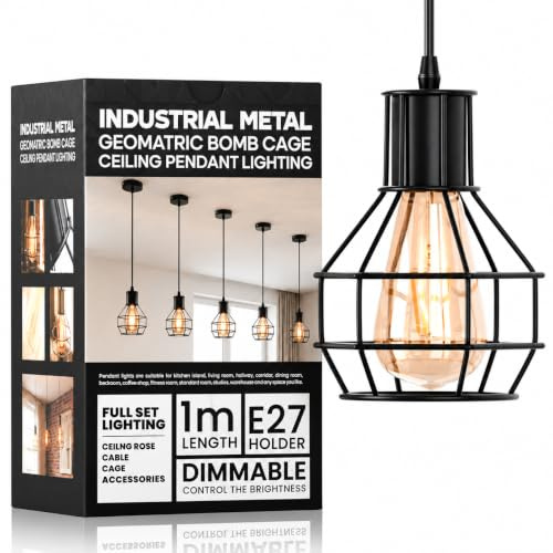 Black Wire Cage Pendant Light Industrial Ceiling Metal Basket Lamp Shade | Retro Modern pendant light geometric metal basket lamp shade and 90cm adjustable cable for kitchen islands and dining rooms.