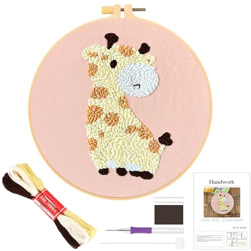 JSRQT Punch Needle Ricamo Kit Giraffa per Principianti, Aghi per Punzoni Punto Croce con Attrezzo, Ricamo Starter Kit Ago Punzonatura Piccolo Facile per Adulti Bambini Fatto a Mano con Istruzioni