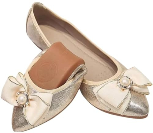 Ballerine da donna pieghevoli con strass a punta, morbide e confortevoli, eleganti mocassini con fiocco, Oro, 39 EU