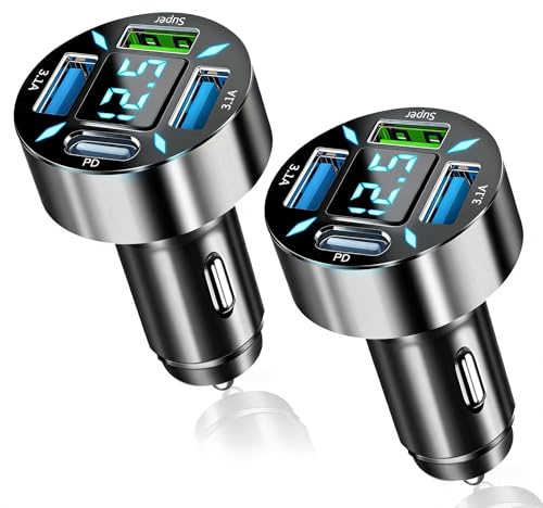 2Pcs 66W Cargador Coche Mecher USB C 4 Puertos con Voltímetro Led 12V