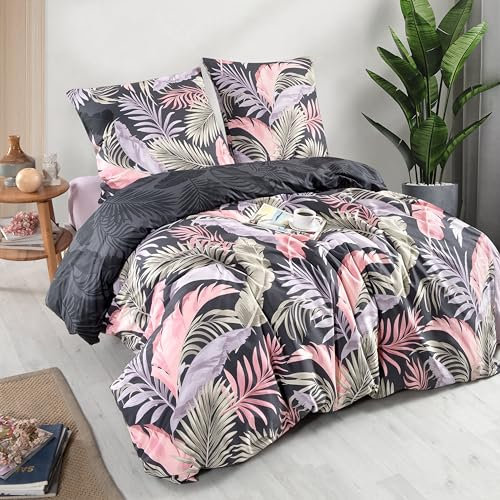 ZIRVEHOME Bettwäsche Set dreiteilig, 240x220cm Bettbezug, Baumwolle, Palmen Design Pink, Hena