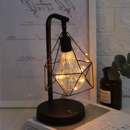 Vintage Table Lamp, Retro Cage Nightstand Lamp Battery Operated, Geometric Wire Industrial Bedside Desk Lamp, Suitable for Bedroom Living Room Coffee Store Restaurant (Black)