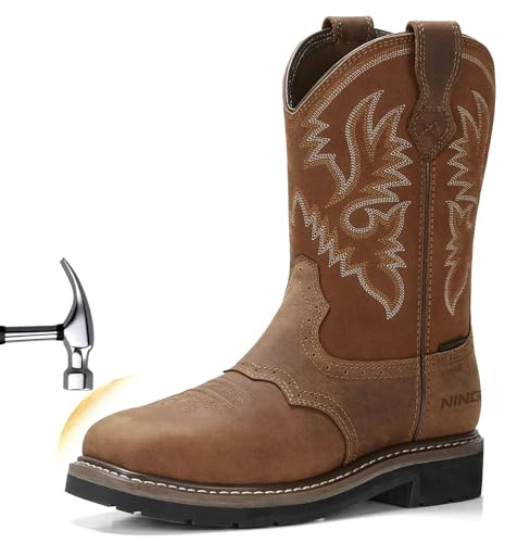 HISEA NINGO Steel Toe Work Boots for Men, Waterproof Slip on Square Toe Western Cowboy Boots, Comfortable Pull on Safety Work Shoes for Construction Industrial Working Welding Riding, Brown