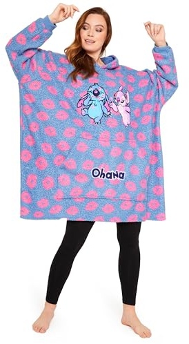 Disney Sudaderas Mujer, Stitch Batamanta de Forro Polar Mujer, Poncho Sudadera Manta Oversize con Capucha (Azul Stitch/Ángel)