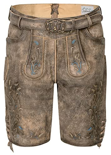 Schöneberger Trachten Lederhose Herren kurz | Original Wildbockleder Trachtenlederhose Antik inkl. Trachtengürtel | Vintage Trachtenhose Theo (54)