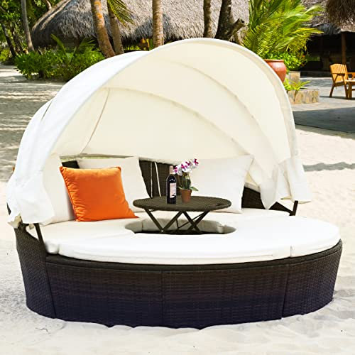 GIANTEX Sonneninsel Liegeinsel mit faltbarem Sonnendach, Rattan Lounge Gartenmuschel Outdoor, Sonnenliege Gartenliege Set rund φ192 cm, Gartenlounge inkl. Kissens & höhenverstellbarem Couchtisch