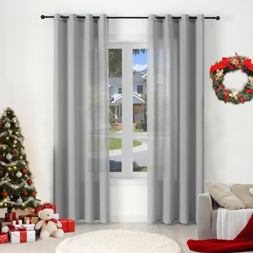 WOLTU 2er Set Gardinenn mit Ösen, Vorhang für Wohnzimmer Schlafzimmer, Leinenoptik, Halbtransparent, modern, 135 x 245 cm, Grau