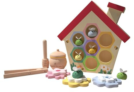 Fonowx Wooden Toys Beehive Game, Clip Small Bees Toy Bee Sorting and Stacking Toys, Wooden Bees Hive Sensory Toys for Kids Children