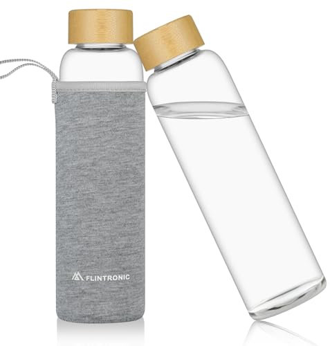 flintronic Glasflasche, 550ML Glass Bottle, Trinkflasche Glas Auslaufsicher, Wasserflasche Glas mit Schutzhülle, Leichte Borosilikat Glastrinkflasche für Kohlensäurehaltige Getränke | BPA-frei