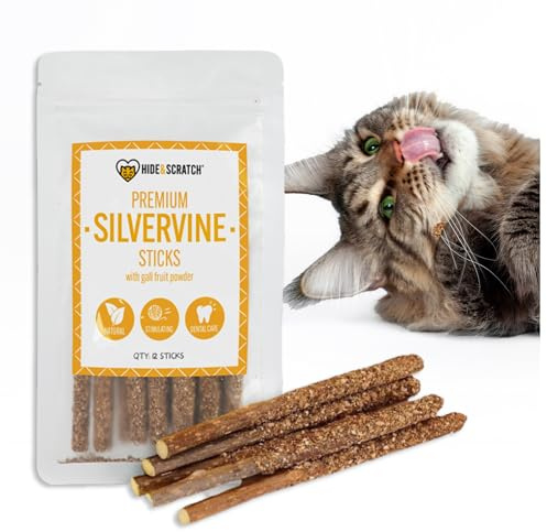 Hide & Scratch Premium Silvervine Sticks for Cats with Gall Fruit Powder for Extra Potency; Cat Enrichment Cat Chew Toy and Dental Sticks - More Effective Than Catnip Toys! (12 ct)