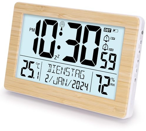 VINILITE Wecker Digital Funkuhr Tischuhr mit großem LCD-Display, Kalender, Temperatur, Luftfeuchtigkeit, Hintergrundbeleuchtung, Batteriebetrieben