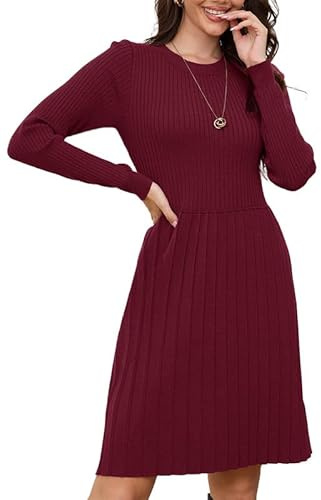 Alaster Queen Robe en Tricot Femme Robe Automne Hiver Robe Pull Mi-Longue Robe Col Rond Manches Longues Robe Plissée Robe Chaude