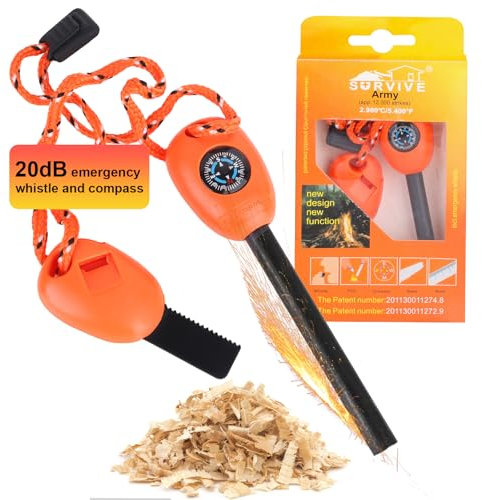 Flint and Steel Fire Starter Kit, 5-in-1 Multifuctional Fire Steel with Compass, Ruler Saws and whistle Fire Striker Magnesium Rod Emergency Survival Tool for Travelling Camping Hiking 12,000 Strikes