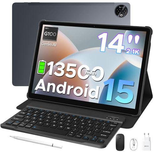 DOOGEE Tab E3 Max Android 15 Tablet 14 Zoll Gemini AI 13500mAh Helio G100 32GB RAM+256GB Tablet mit SIM Card Slot Octa Core Tablets mit Tastatur, Maus, Stift, Hülle, Schutzfolie Dual 4G LTE + 5G WiFi