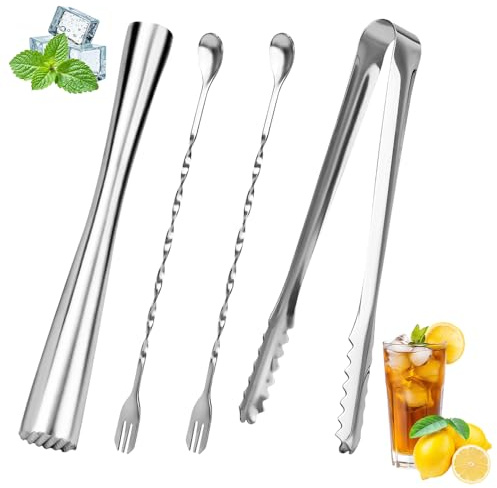 DIYJEP 4Pcs Stainless Steel Cocktail Muddler with Cocktail Mixing Spoon Ice Tongs, Ice Crusher Drink Muddler, Drink Muddler Stick Bar Tools Set for for Bitter Margaritas Fruit Based Drink (Silver)