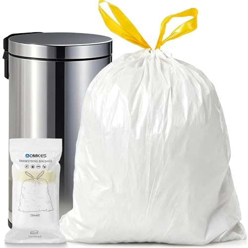 AOMKES 4 Gallon Trash Bags 32 Count Small Bathroom Heavy Duty Trash Bag – White Drawstring Garbage Bags for Bathroom & Kitchen, Tear-Resistant, Leakproof, Easy Tear-Off, White Bathroom Trash Liners