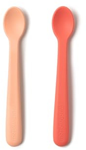 Muchmellow - Set Repas Bébé de 2 Cuillères en Silicone avec Étui de Voyage, Ergonomiques, MADE IN ITALY Sans Plastique, Sans BPA, Fabriqué en Italie, Lavable au Lave-vaisselle (orange + pêche)