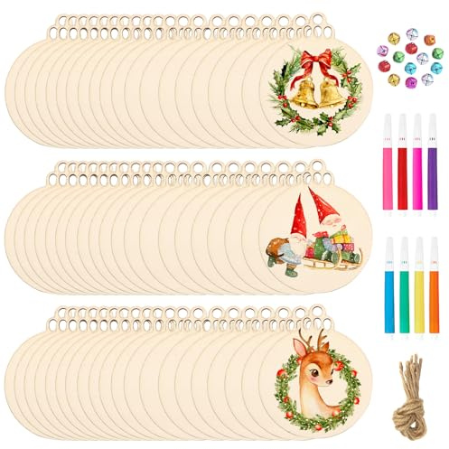 Scettar 60 Pezzi Dischi Legno(9cm),Spessore 2mm Legno Decorativo con buchi, per Fai Da Te, Decorazioni Natalizie, Scritte e Pittura, con 24 pz di Corda di Canapa, 30 Campanelli e 8 Penne Colorate
