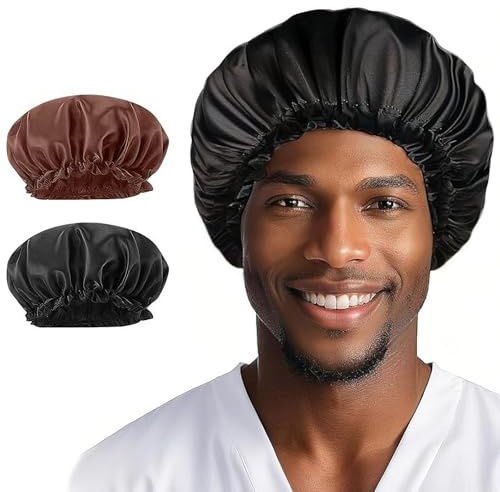 ARYIMYDP Pack de 2 Bonnets Satin Cheveux Nuit Homme, Idéal Tresses Afros Boucles, Taille Unique Noir Classique & Brun Profond