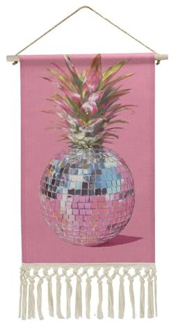 Jubonexis Arazzo da parete in lino, motivo palla da discoteca, ananas astratto, poster vintage da parete con nappe e asta in legno