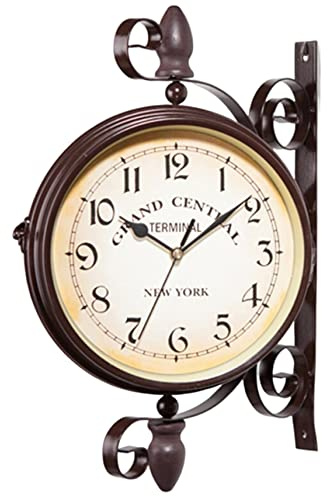 Hperu Orologio da parete bifacciale, design vintage con orologio da stazione con struttura ad angolo in metallo, giardino pensile per decorazioni per la casa (non richiede batteria)