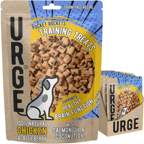 URGE Pocket Rockets Training Treats for Dogs - 8 x 100g Bags - 100% Natural Chicken with Blueberry, Salmon Oil & Coconut Oil - 100% Grain Free - Supports Healthy Brain Function