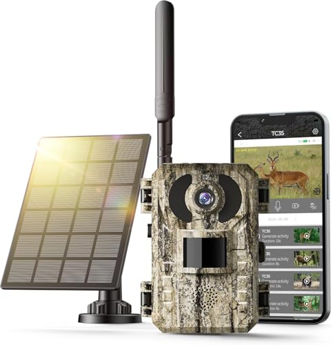 Caméra de chasse 4G LTE solaire avec carte SIM, phototrapage 4K sans WiFi, batterie 10 400 mAh, vision nocturne 950 nm IR invisible, audio bidirectionnel, activation 0,2 s, IP66 étanche