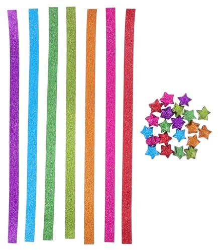 Mikikit Tiras de Papel para Manualidades Purpurina, 1040 Piezas en 7 Colores Brillantes, Papel Artesanal Forma de Estrella Plegable para Origami, Decoración de Fiestas y