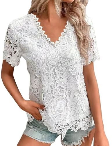 Top Bianco Donna Elegante con Pizzo Top con Ricamo Floreale Frontale T-Shirt Manica Corta Scollo a V Magliette Estivi Comodi Shirt Casual Blusa Ampia Moda Camicetta per Le Donne