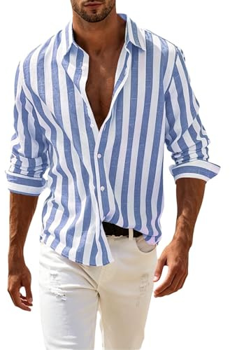 Men's Cotton Linen Striped Button Down Shirt Long Sleeve Casual Spread Collar Shirts for Men Regular Fit Summer Tops Mens Bodysuit Crew Polo Warm Work Clothes White Short Grey Sleeveless Vests