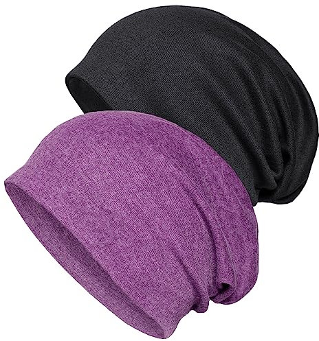 Senker 2er-Pack Baggy Soft Cotton Slouchy Stretch Beanie Mütze Chemo Mützen für Damen und Herren, violett / schwarz, Large