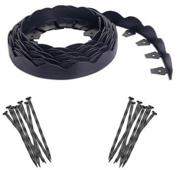 Easyflex Dekorativt landskapskant som inte gräver med förankringsspikar, 6,3 cm. Hög skulpterad topp trädgårdsgräns med träkornstruktur, 40 fots kit, svart (3210E-40C)