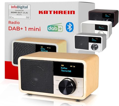 Kathrein DAB+ 1 Mini I DAB Plus Radio mit Akku I Digitalradio DAB+ & UKW mit Bluetooth, Aux 3,5mm I Küchenradio, Badradio I Tragbares Radio als Lautsprecher für Streaming I Retrodesign Holz hell